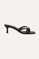Susy strappy sandal in black snake-print leather, 50mm kitten heel, side view