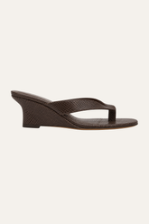 Tenille low wedge thong sandal in dark brown snake-print leather, 50mm, side view