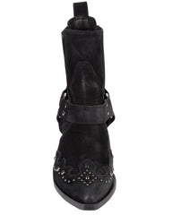 Women's black suede ankle boots with western harness and stud detailing – Italian-made affordable luxury