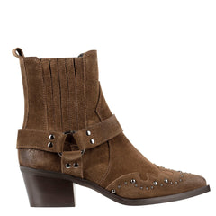 Brown suede Italian-made ankle boot with silver stud detailing and Western strap design – luxury women's footwear for the modern Australian wardrobe