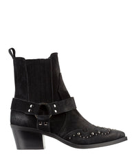 Women's black suede ankle boots with western harness and stud detailing – Italian-made affordable luxury