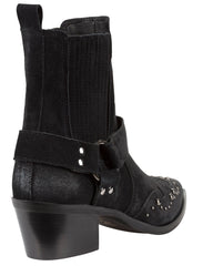 Women's black suede ankle boots with western harness and stud detailing – Italian-made affordable luxury