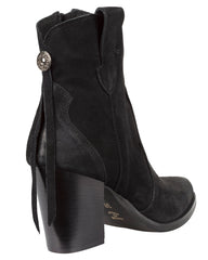 Black suede Italian-made ankle boot with Western-inspired stitching and block heel – affordable luxury women's footwear from Australia