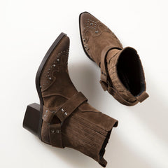 Brown suede Italian-made ankle boot with silver stud detailing and Western strap design – luxury women's footwear for the modern Australian wardrobe