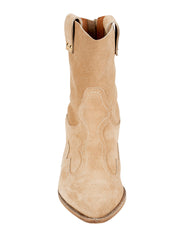 Italian-crafted western ankle boots in camel beige suede – pointed toe and pull-on style