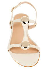 Italian-made women's flat cream leather sandal with gold accents, affordable luxury footwear for everyday elegance