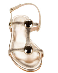 Italian-made women's flat gold leather sandal with gold accents, affordable luxury footwear for everyday elegance