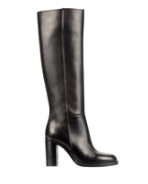 Italian-crafted black leather knee-high boots for women – timeless luxury with block heel