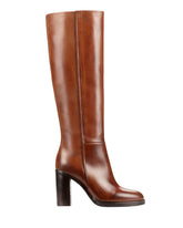 Italian-crafted cognac leather knee-high boots for women – timeless luxury with block heel