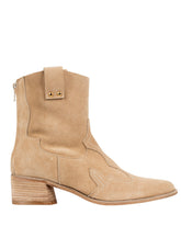 Italian-crafted western ankle boots in camel beige suede – pointed toe and pull-on style