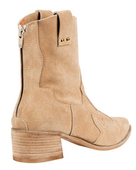 Italian-crafted western ankle boots in camel beige suede – pointed toe and pull-on style