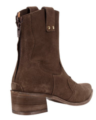 Italian-crafted western ankle boots in rich brown suede – pointed toe and pull-on style