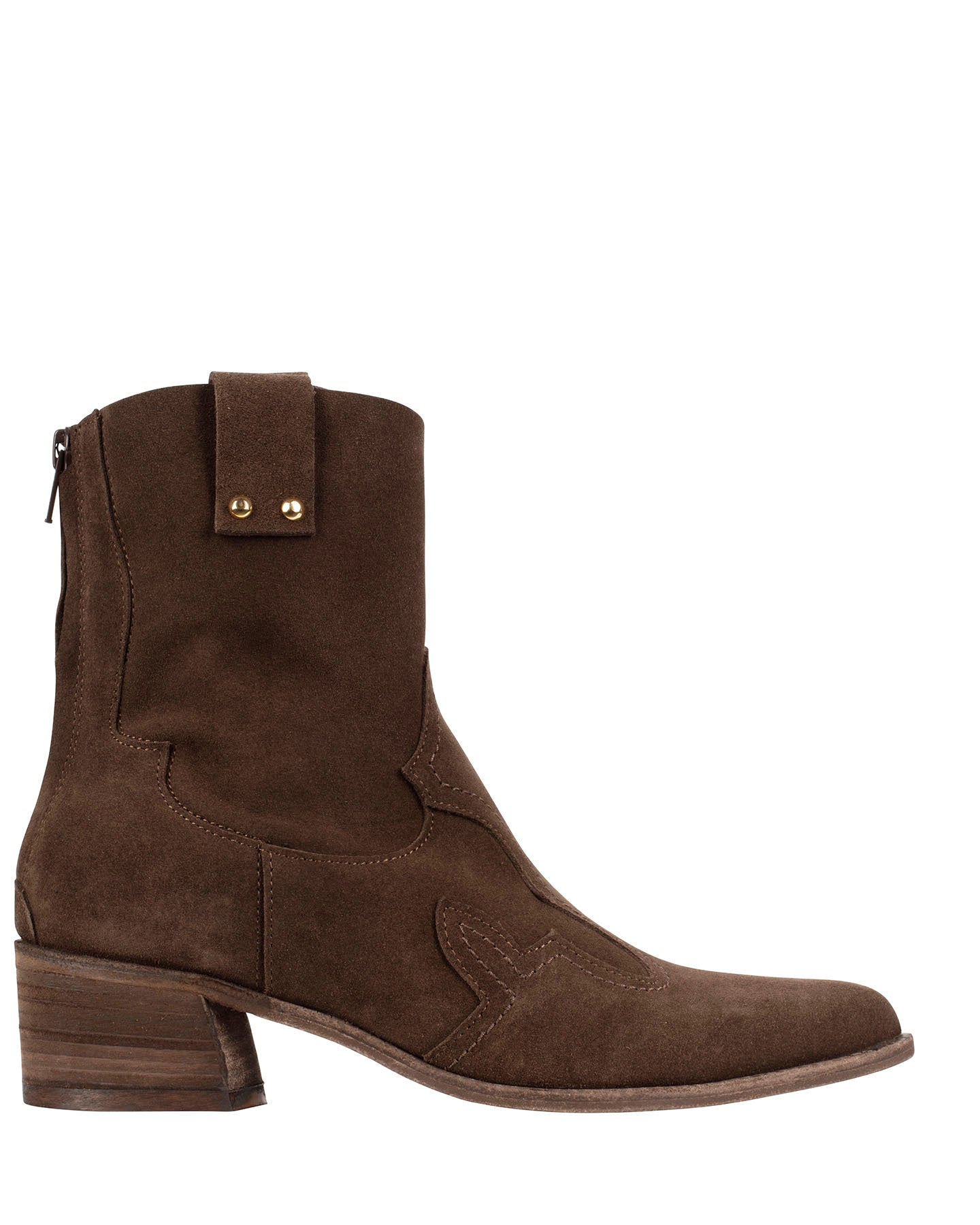 Italian-crafted western ankle boots in rich brown suede – pointed toe and pull-on style