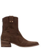 Italian-crafted western ankle boots in rich brown suede – pointed toe and pull-on style