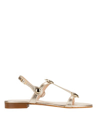 "Italian-made women's flat gold leather sandal with gold accents, affordable luxury footwear for everyday elegance"