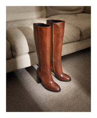 Women's tall cognac leather knee-high boots with block heel – Italian-made luxury footwear in Australia