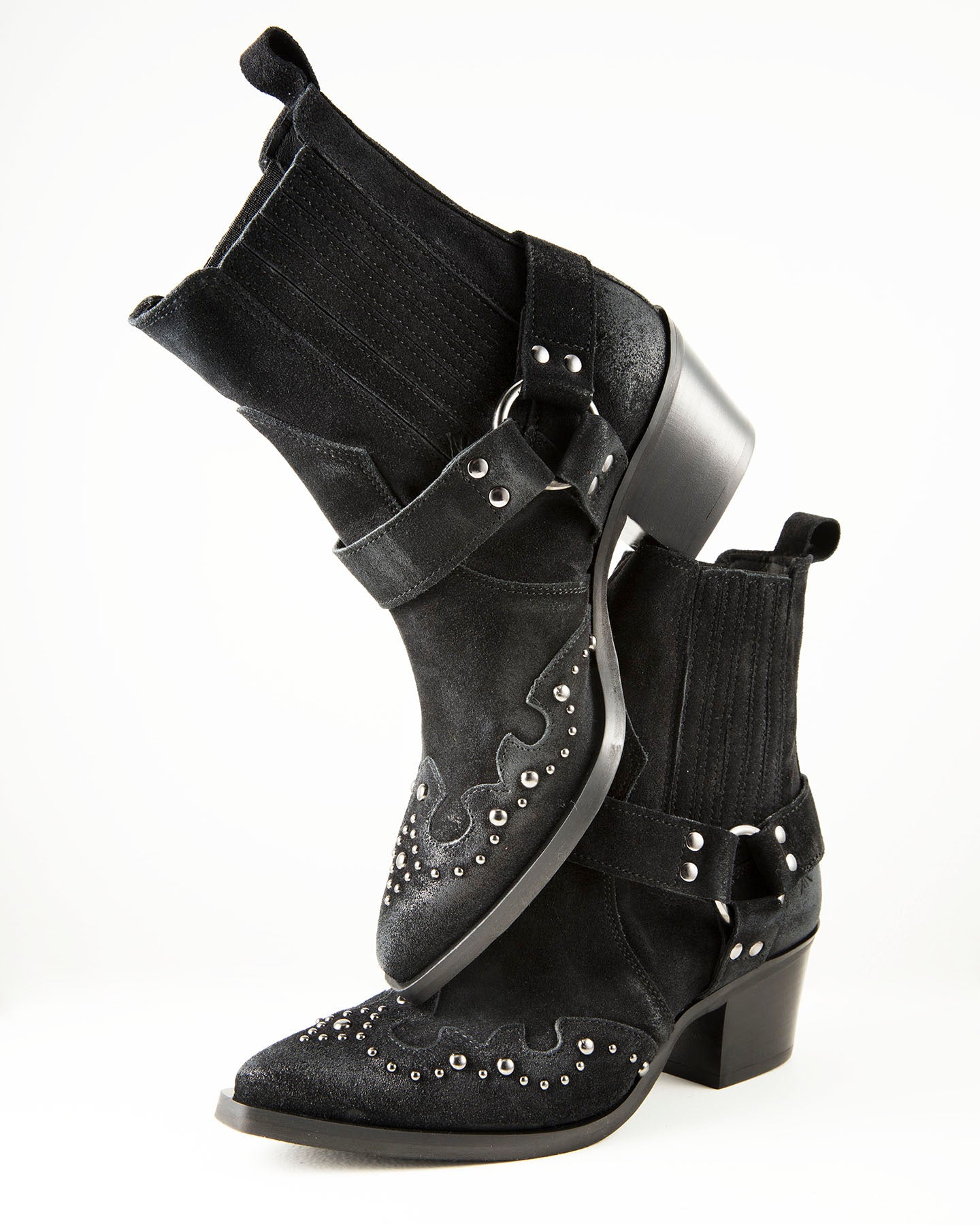 Women's black suede ankle boots with western harness and stud detailing – Italian-made affordable luxury