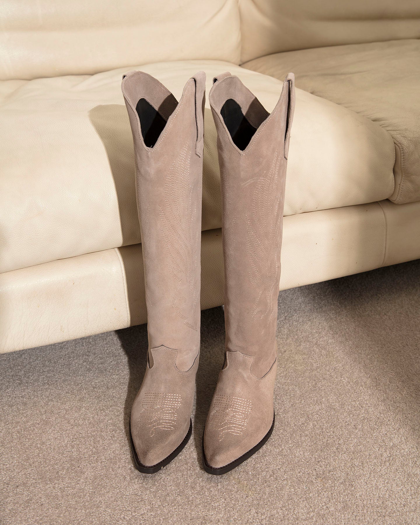 Women's sand beige suede Texan knee-high boots with 4.5cm stacked heel – Italian-made luxury leather footwear
