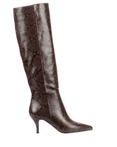 Bianca Buccheri Tarsha Boot — women's brown python embossed Italian leather knee-high boot with pointed toe and 7cm tonal stiletto heel, side view showing full python print shaft