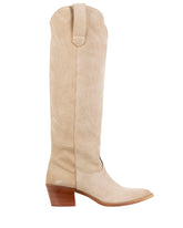 Bianca Buccheri Dune Boot — women's sand beige Italian suede knee-high cowboy boot with tonal embroidered Western stitching, pointed toe and mid block heel, side view