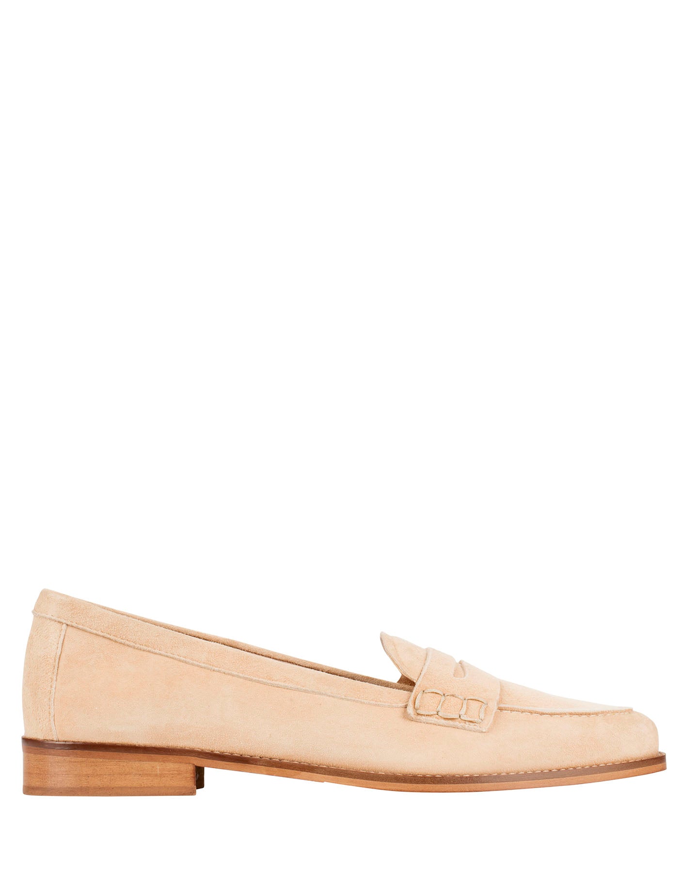 Bianca Buccheri Marly Loafer — women's sand suede Italian leather penny loafer with moccasin topstitching and flat leather sole, side view