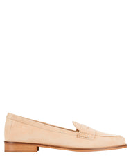 Bianca Buccheri Marly Loafer — women's sand suede Italian leather penny loafer with moccasin topstitching and flat leather sole, side view