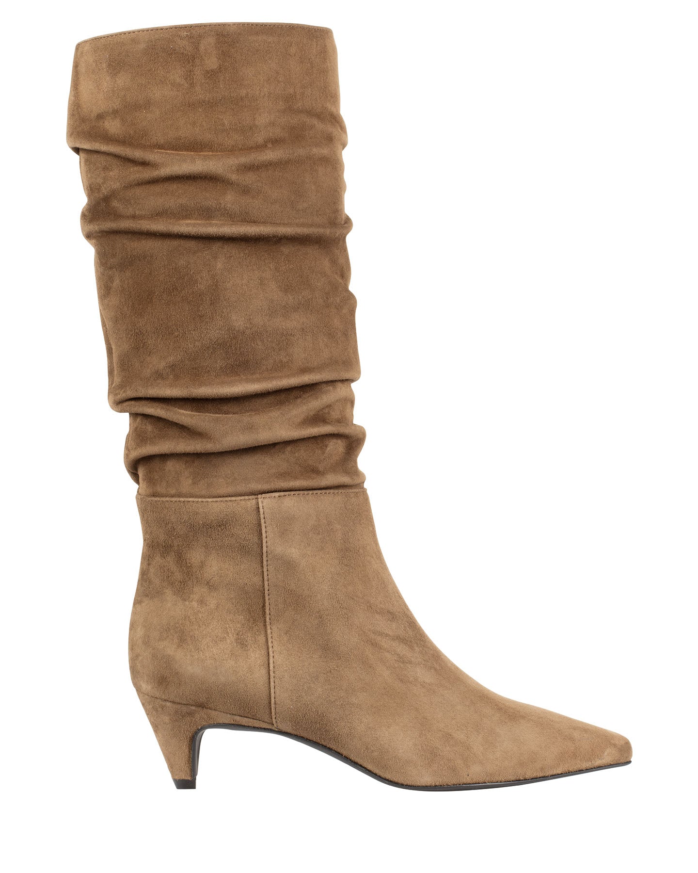 Bianca Buccheri Tory Boot — women's taupe Italian suede slouch boot with ruched shaft, pointed toe and 5cm tonal cone heel, side view