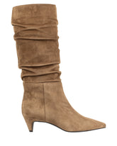 Bianca Buccheri Tory Boot — women's taupe Italian suede slouch boot with ruched shaft, pointed toe and 5cm tonal cone heel, side view