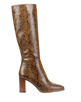 Brown snake print knee-high boot on a white background