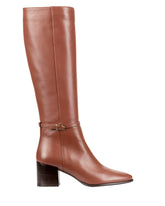 Bianca Buccheri Jenny Boot — women's tan cognac Italian nappa leather knee-high boot with gold ankle buckle strap, almond toe and 6cm stacked block heel, side view