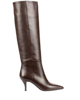 Bianca Buccheri Tarsha Boot — women's chocolate brown smooth Italian nappa leather knee-high boot with pointed toe and 7cm tonal stiletto heel, side view