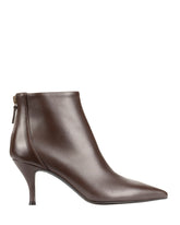Bianca Buccheri Tiffany Boot — chocolate brown Italian nappa leather ankle boot with 7.5cm slim stiletto heel, pointed toe and inside gold zip, side view