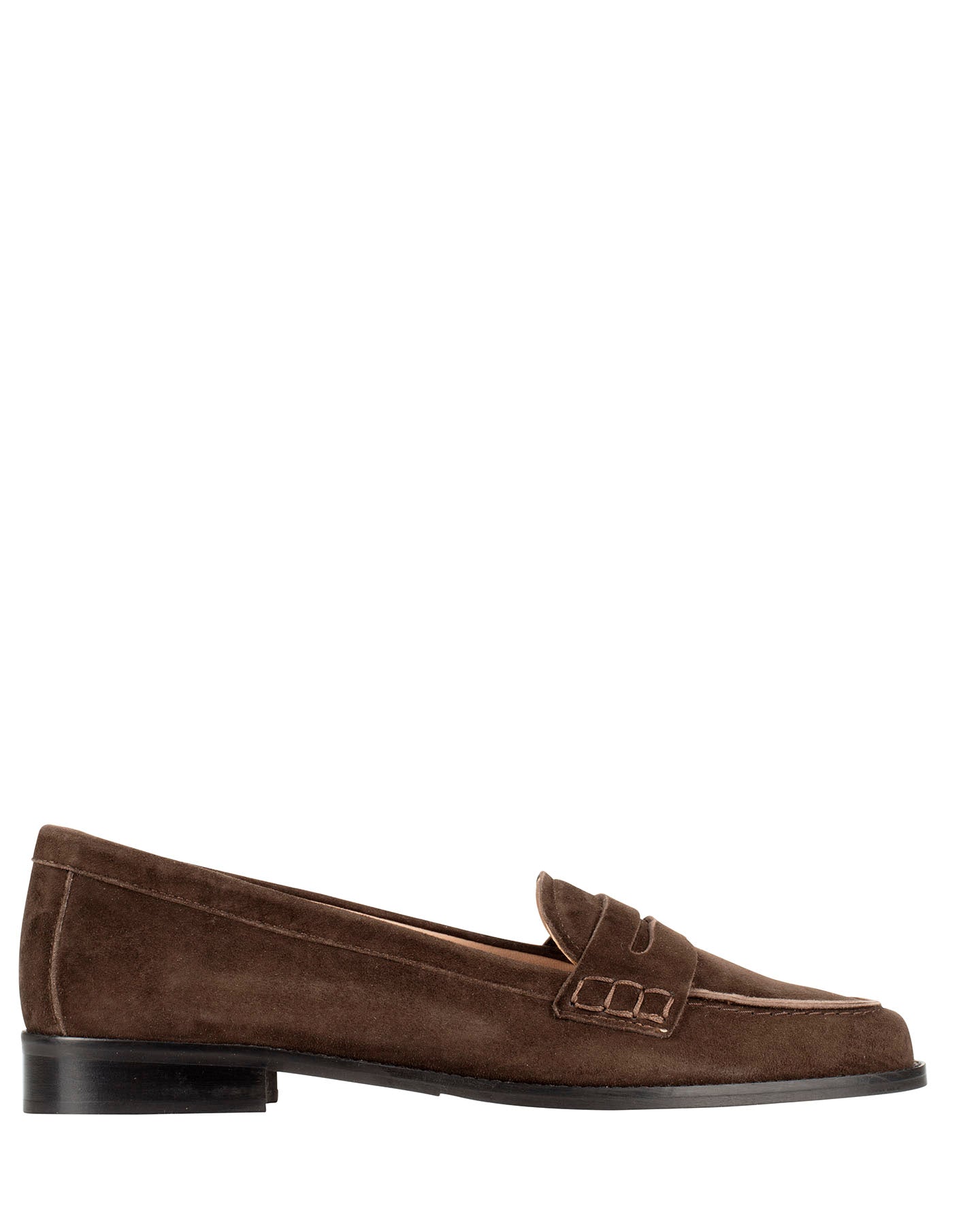 Bianca Buccheri Marly Loafer — women's chocolate brown Italian suede penny loafer with moccasin topstitching and flat leather sole, side view