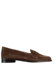Bianca Buccheri Marly Loafer — women's chocolate brown Italian suede penny loafer with moccasin topstitching and flat leather sole, side view