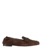 Bianca Buccheri Misty Loafer — women's chocolate brown Italian suede square toe penny loafer with ruched elasticated collar