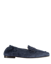 Bianca Buccheri Misty Loafer — navy Italian suede flat square toe penny loafer with penny strap detail and thin rubber sole, side view
