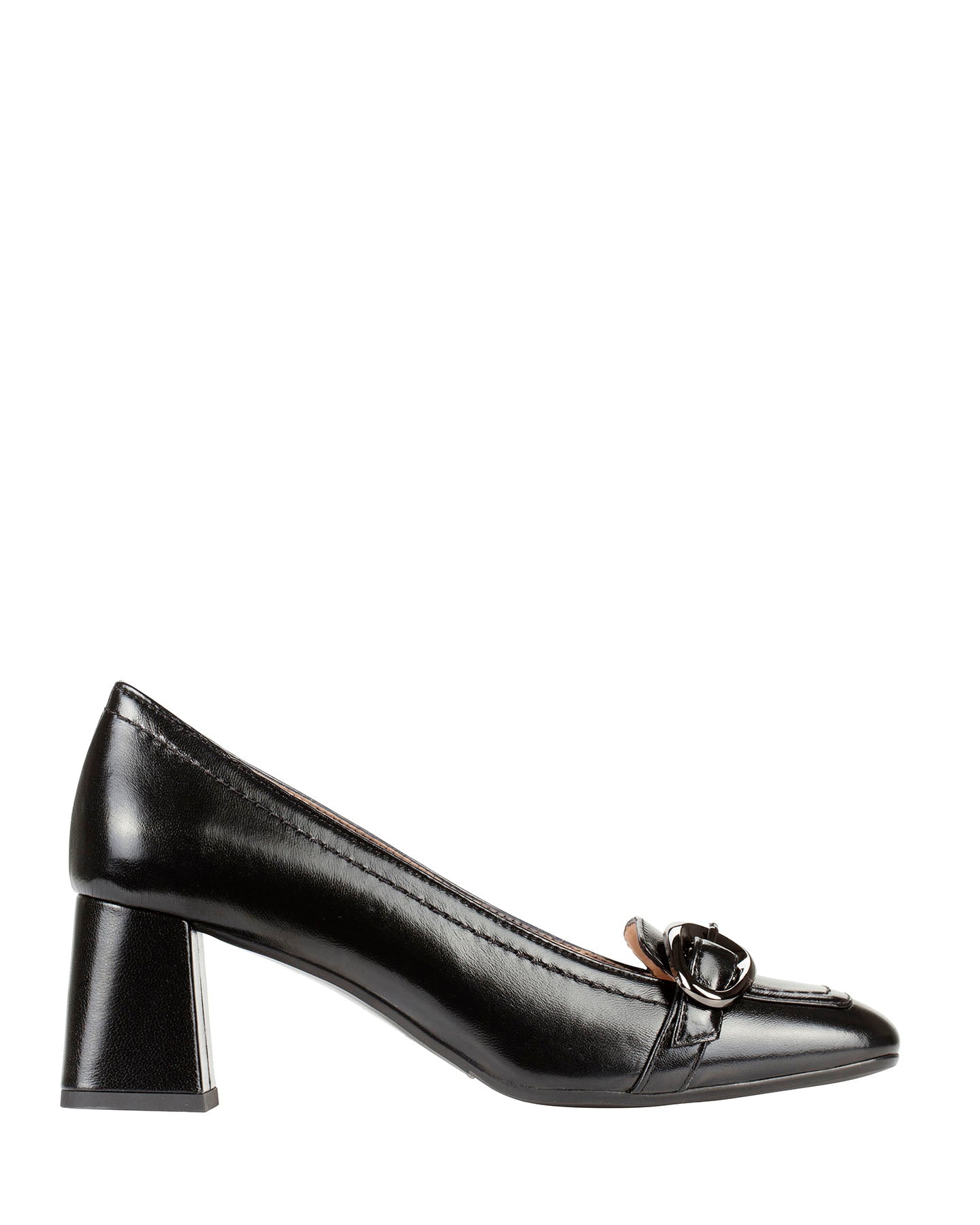 Bianca Buccheri Gabi black leather square-toe block-heel pumps with silver buckle