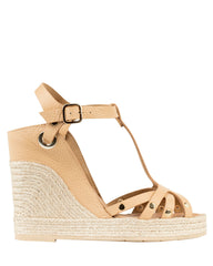 By Bianca Palermo Sand beige pebbled leather T-bar espadrille wedge sandals