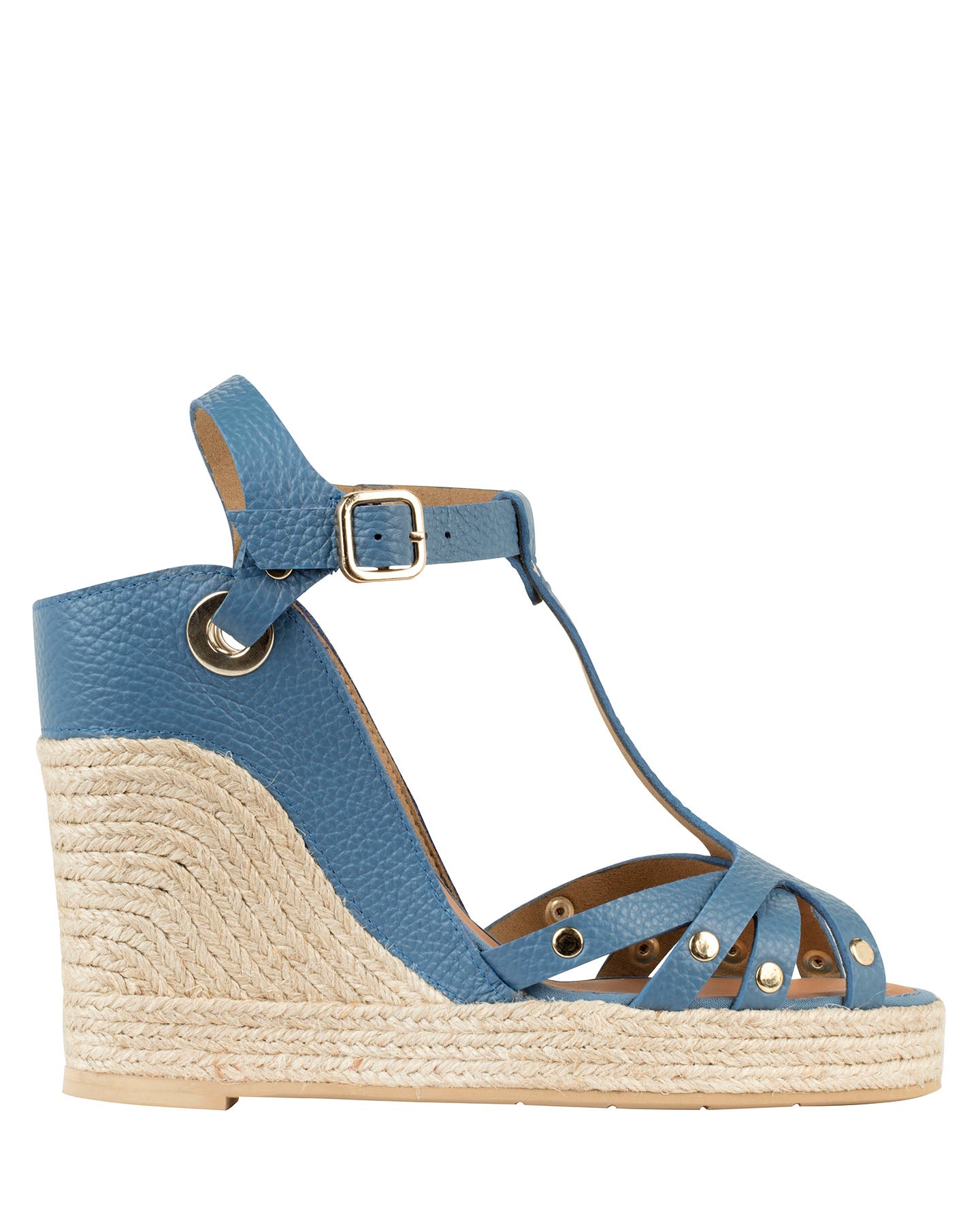 By Bianca Palermo Riviera Blue denim blue pebbled leather T-bar espadrille wedge sandals