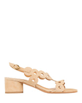 Bianca Buccheri Antonia Tan suede sandal with scalloped cut-out straps and 40mm block heel