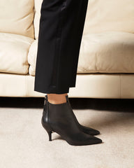 Bianca Buccheri Tiffany black nappa leather ankle boot styled with wide-leg tailored trousers — women's Italian leather stiletto heel ankle boot