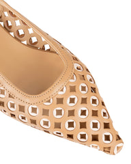 Bianca Buccheri Madi Tan nappa leather flat pointed slingback with white eyelet cut-outs and 20mm heel