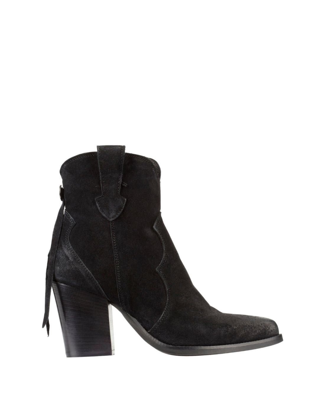 Black suede Italian-made ankle boot with Western-inspired stitching and block heel – affordable luxury women's footwear from Australia