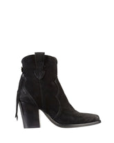 Black suede Italian-made ankle boot with Western-inspired stitching and block heel – affordable luxury women's footwear from Australia