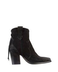 Black suede Italian-made ankle boot with Western-inspired stitching and block heel – affordable luxury women's footwear from Australia