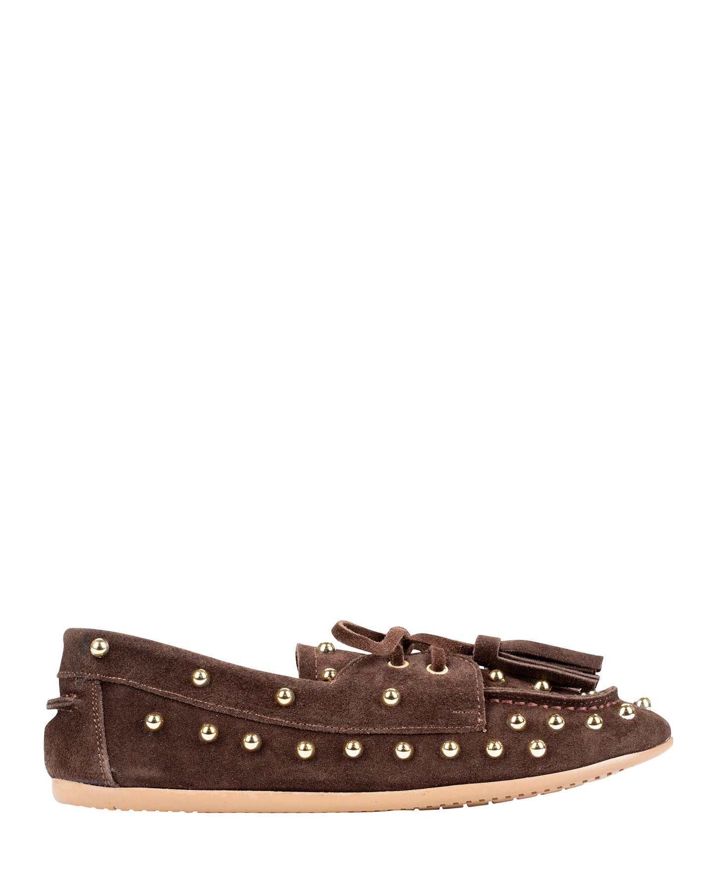 Dolci Firme Dodi chocolate suede studded tassel loafer, side profile