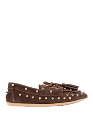 Dolci Firme Dodi chocolate suede studded tassel loafer, side profile