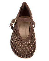 Dolci Firme Monty chocolate suede Mary Jane flat, top view showing diamond perforations and gold dome studs