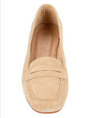 Dolci Firme Quincy beige suede penny loafer, top view showing stitched vamp and penny keeper strap
