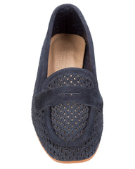 Dolci Firme Keah navy suede penny loafer, top view showing the open basketweave upper and penny keeper strap